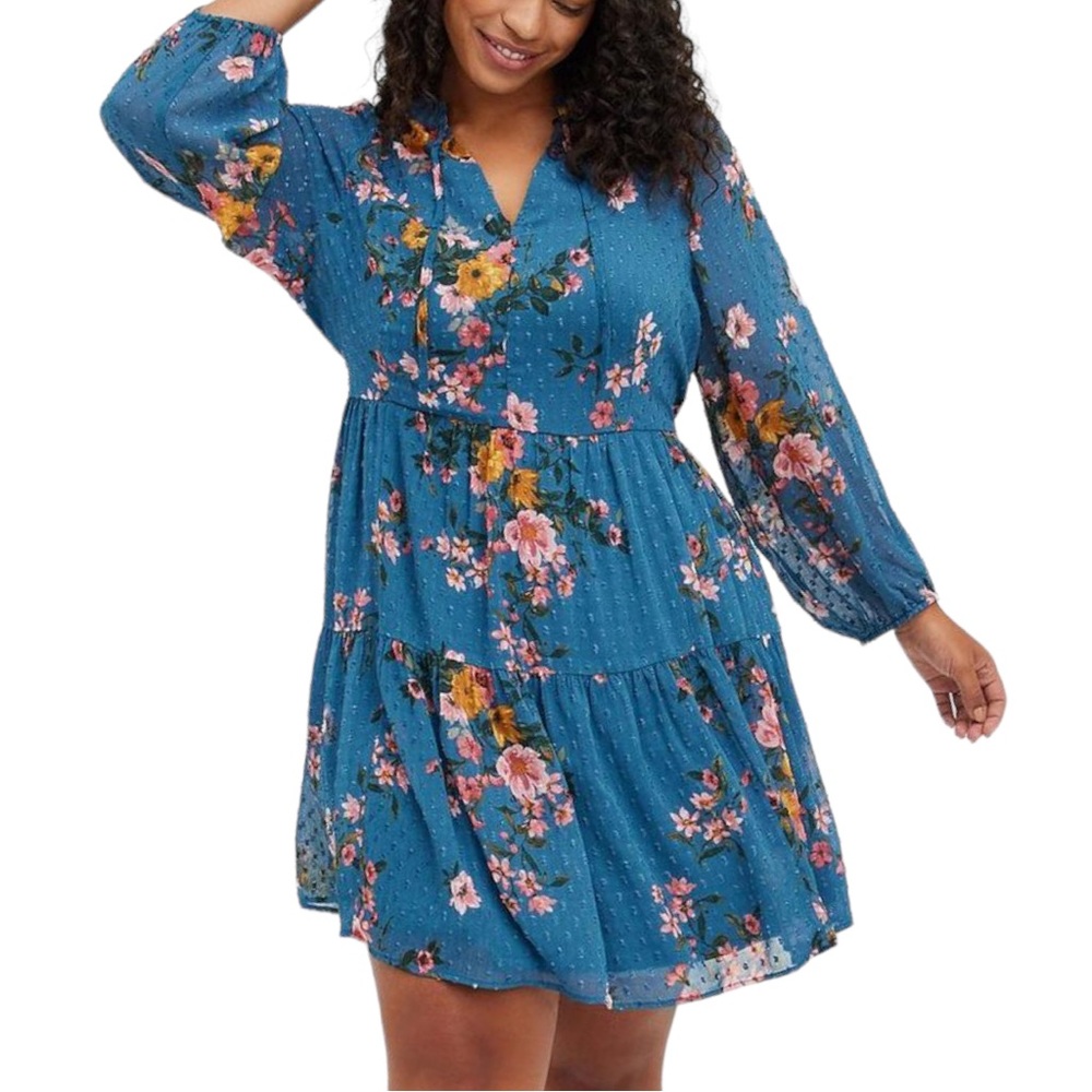 Torrid Midi Chiffon Skater Dress Blue Floral Texture Fabric - Size 2 (US 18/20)